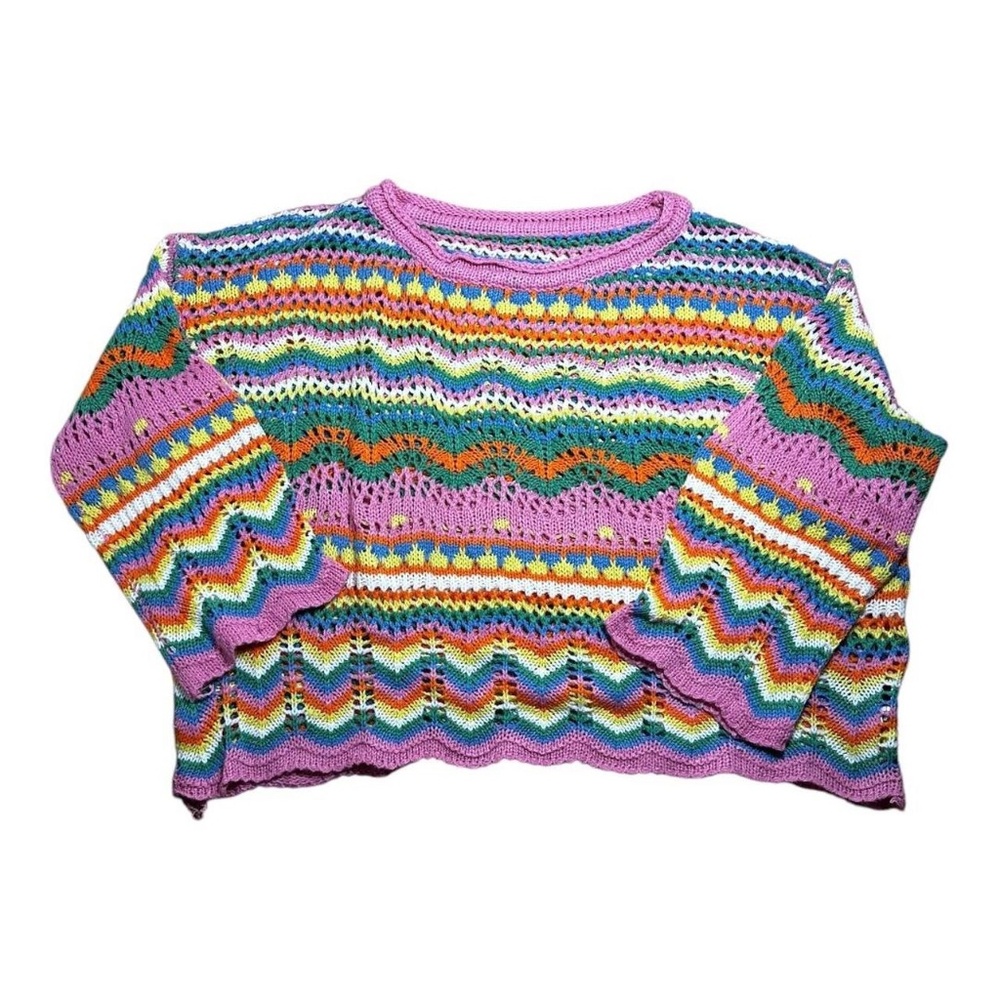 multi-coloured crochet sweater